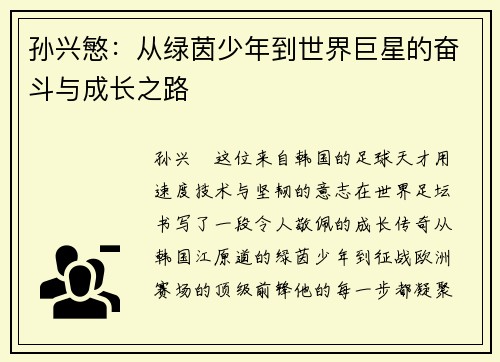 孙兴慜:从绿茵少年到世界巨星的奋斗与成长之路 孙兴慜:从绿茵少年到世界巨星的奋斗与成长之路